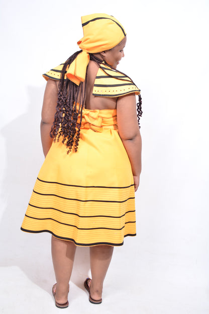 T8190 Traditional Xhosa 3 piece African Bright Yellow & Black Outfit