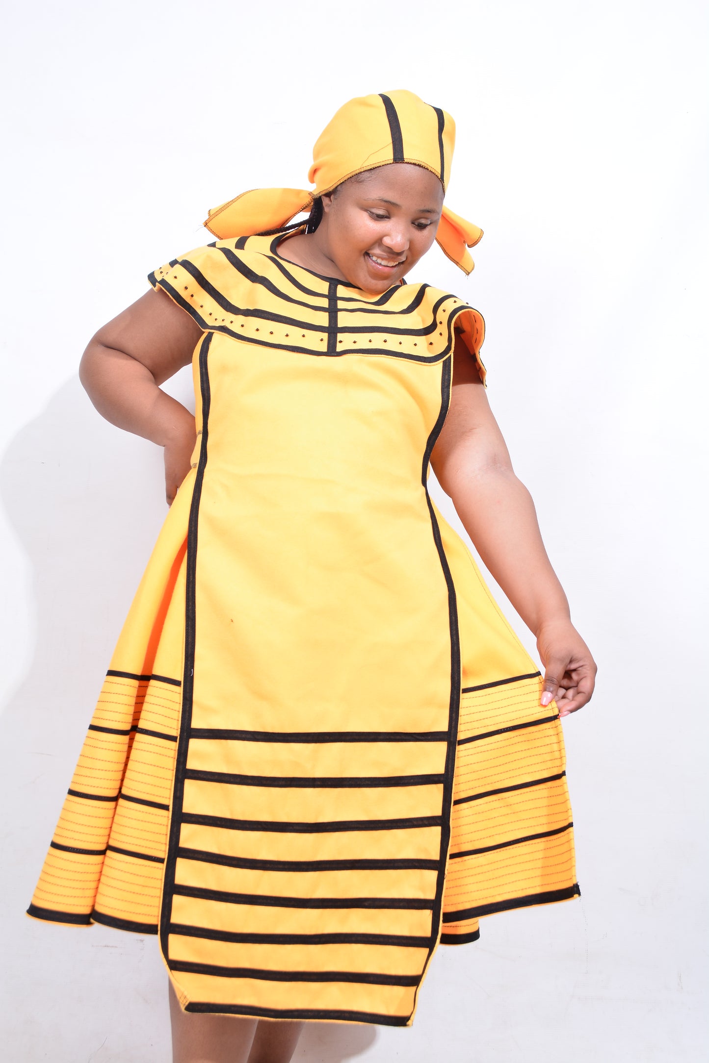 T8190 Traditional Xhosa 3 piece African Bright Yellow & Black Outfit