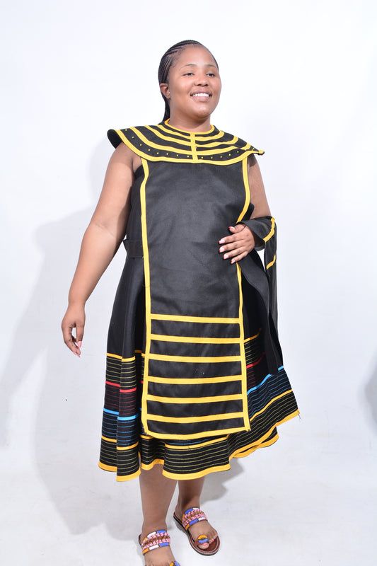 T8192 Traditional Xhosa 3 piece African Black, Red, Yellow & Blue Outfit