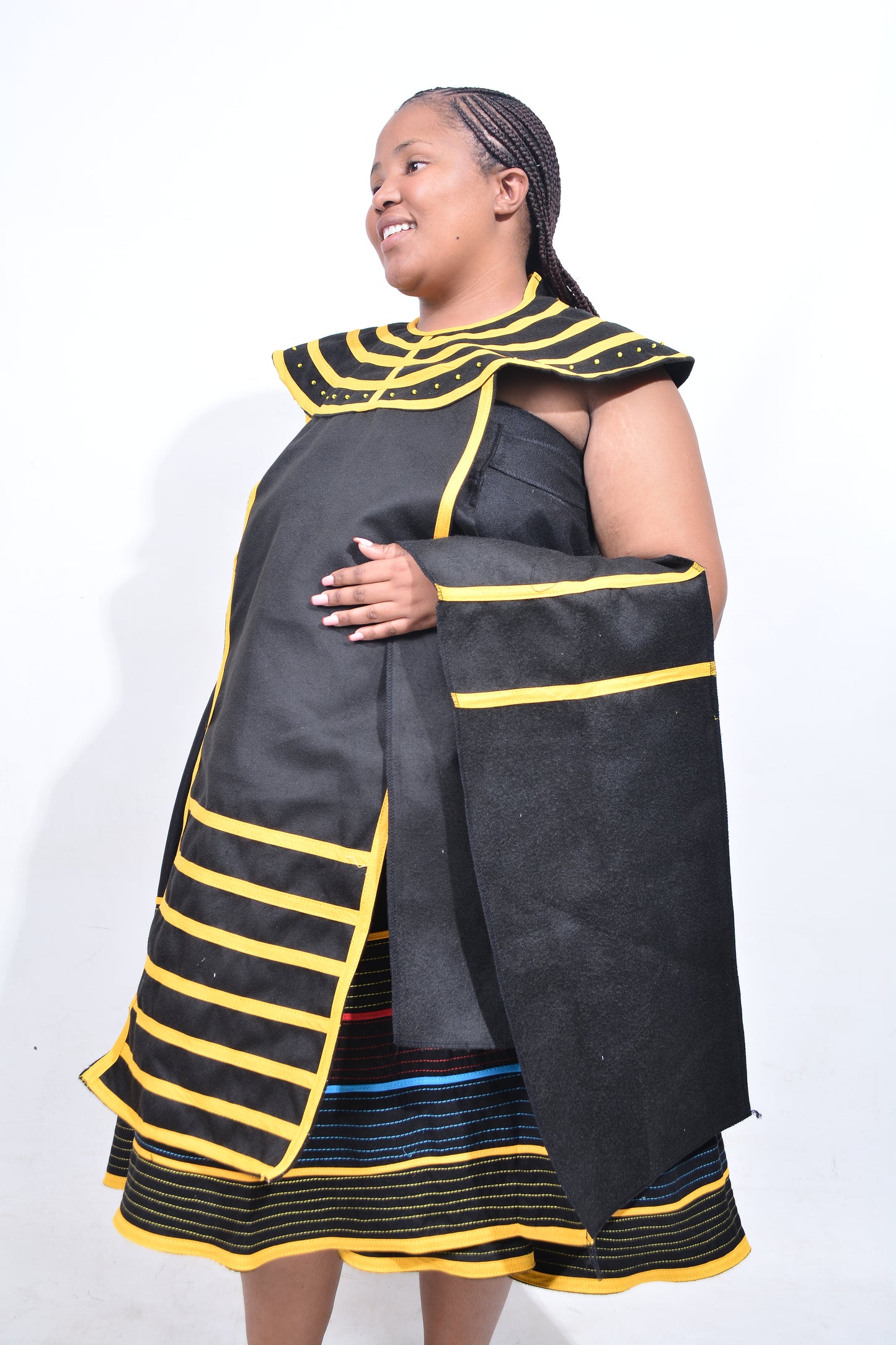 T8192 Traditional Xhosa 3 piece African Black, Red, Yellow & Blue Outfit
