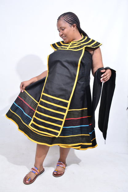 T8192 Traditional Xhosa 3 piece African Black, Red, Yellow & Blue Outfit