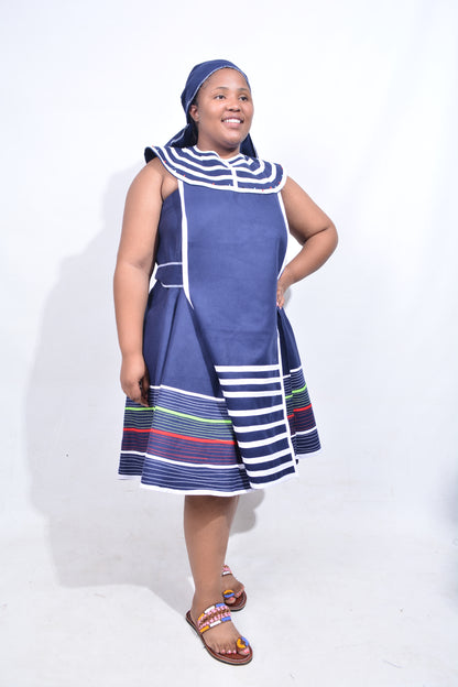 T8193 Traditional Xhosa 3 piece African Navy Blue, White, Lime & Red Outfit