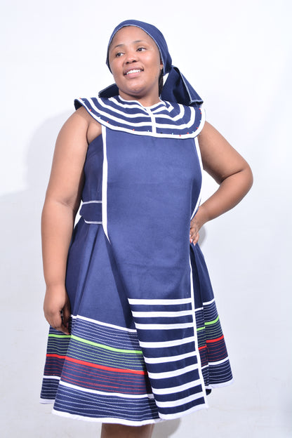 T8193 Traditional Xhosa 3 piece African Navy Blue, White, Lime & Red Outfit