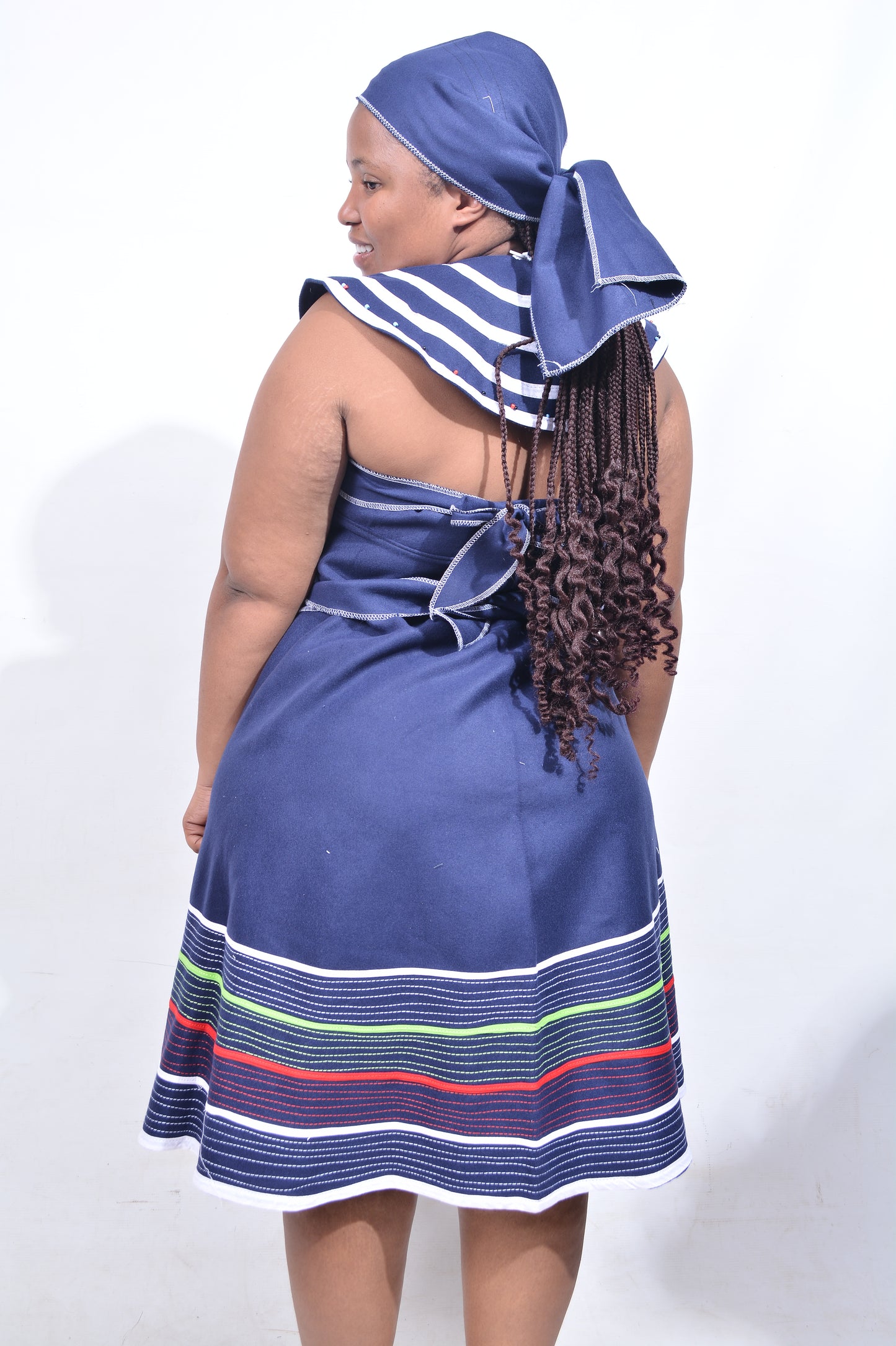 T8193 Traditional Xhosa 3 piece African Navy Blue, White, Lime & Red Outfit