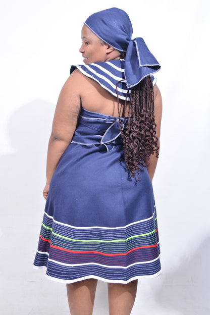 T8193 Traditional Xhosa 3 piece African Navy Blue, White, Lime & Red Outfit