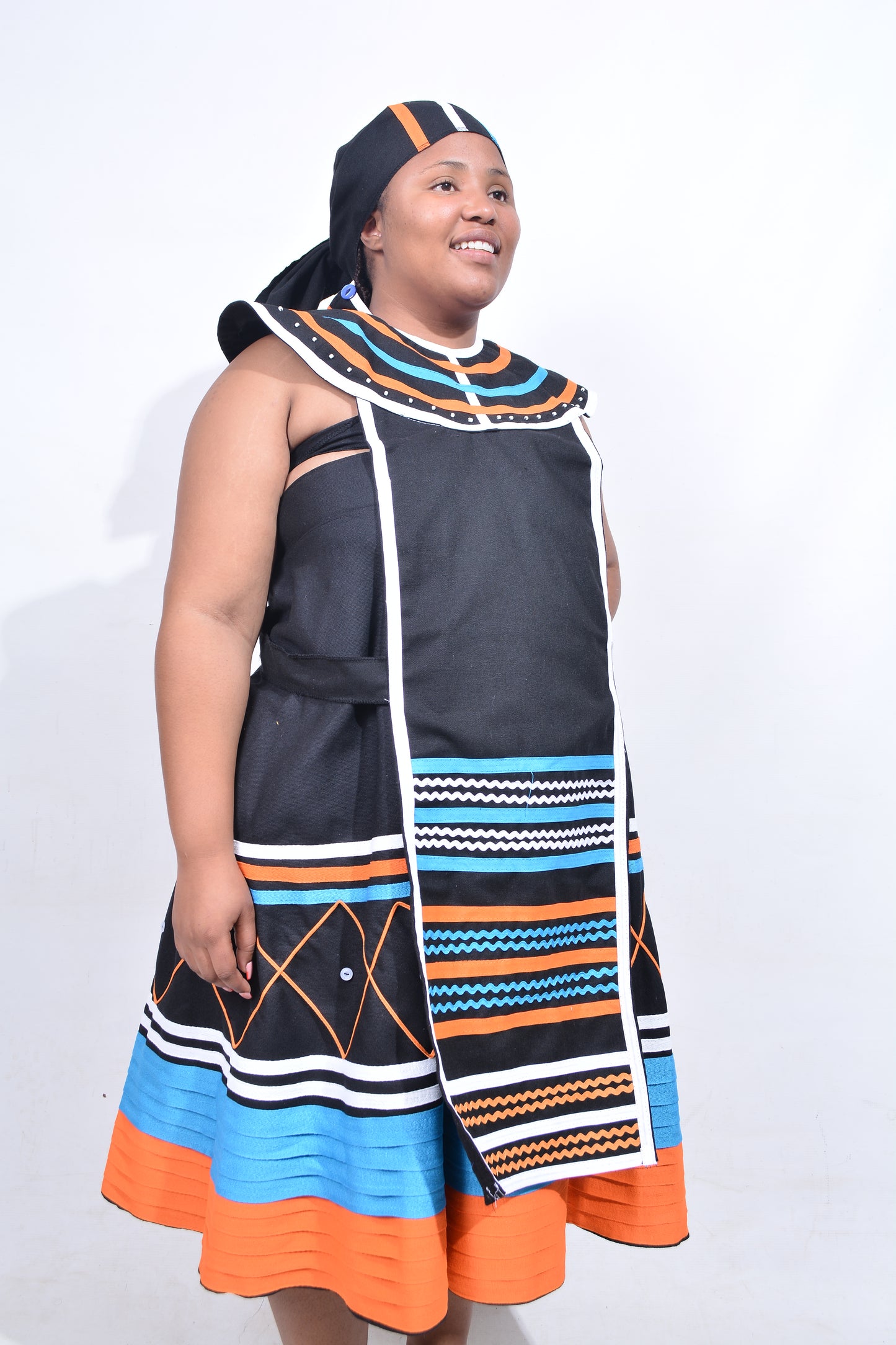 T8194 Traditional Xhosa 3 piece African Black, Orange, Blue & White Outfit