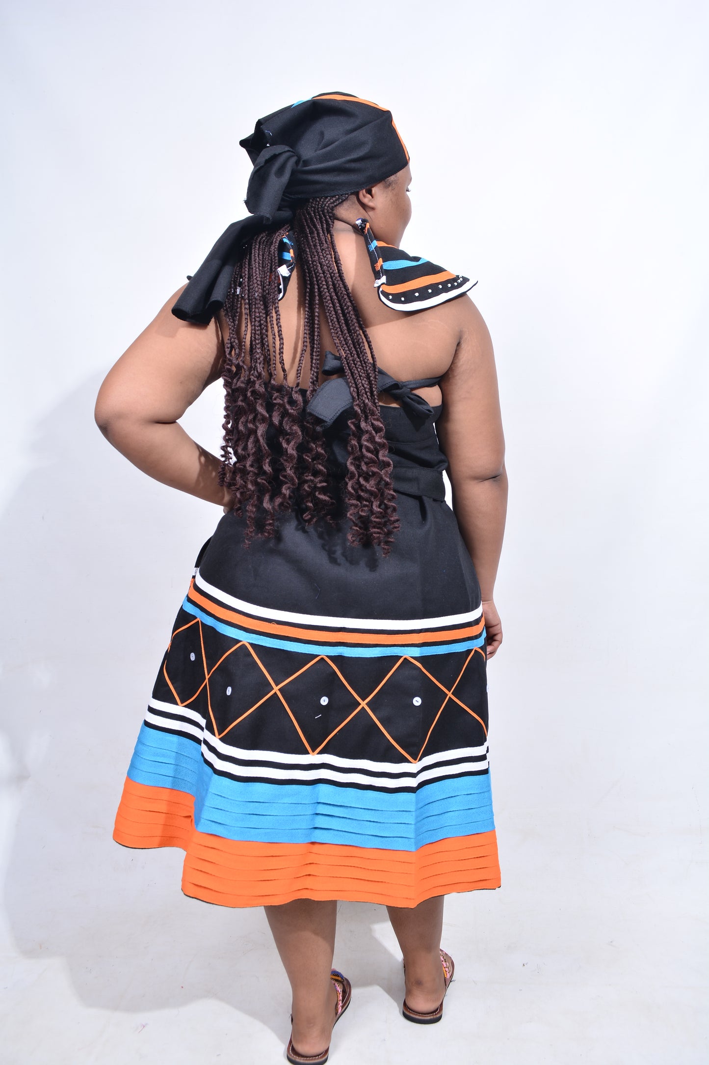 T8194 Traditional Xhosa 3 piece African Black, Orange, Blue & White Outfit