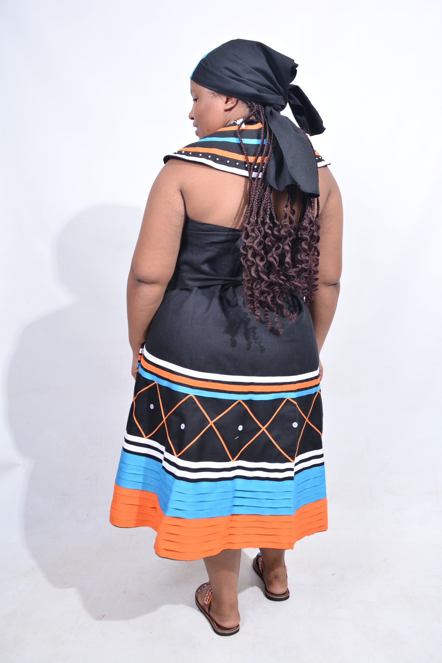 T8194 Traditional Xhosa 3 piece African Black, Orange, Blue & White Outfit