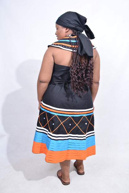 T8194 Traditional Xhosa 3 piece African Black, Orange, Blue & White Outfit