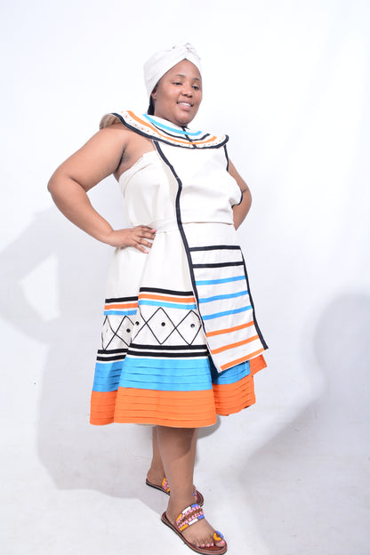 T8195 Traditional Xhosa 3 piece African Cream, Orange, Blue & Black Outfit