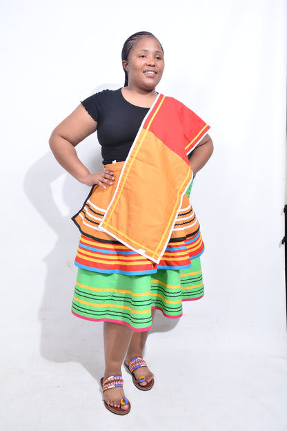 T8196 Traditional Venda 2 piece African Bright Green, Mustard, Red, White, Blue & Pink Outfit