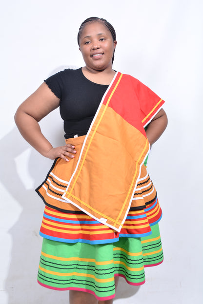 T8196 Traditional Venda 2 piece African Bright Green, Mustard, Red, White, Blue & Pink Outfit
