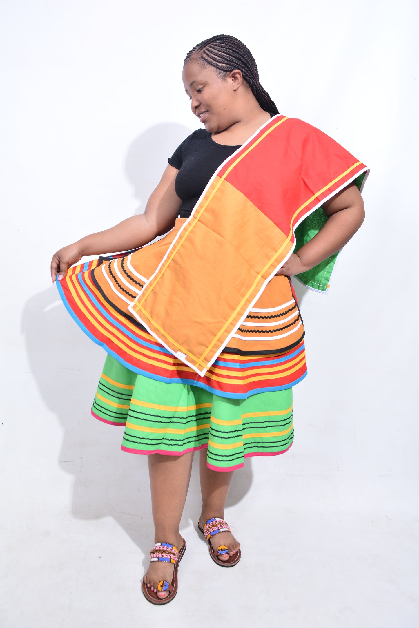 T8196 Traditional Venda 2 piece African Bright Green, Mustard, Red, White, Blue & Pink Outfit