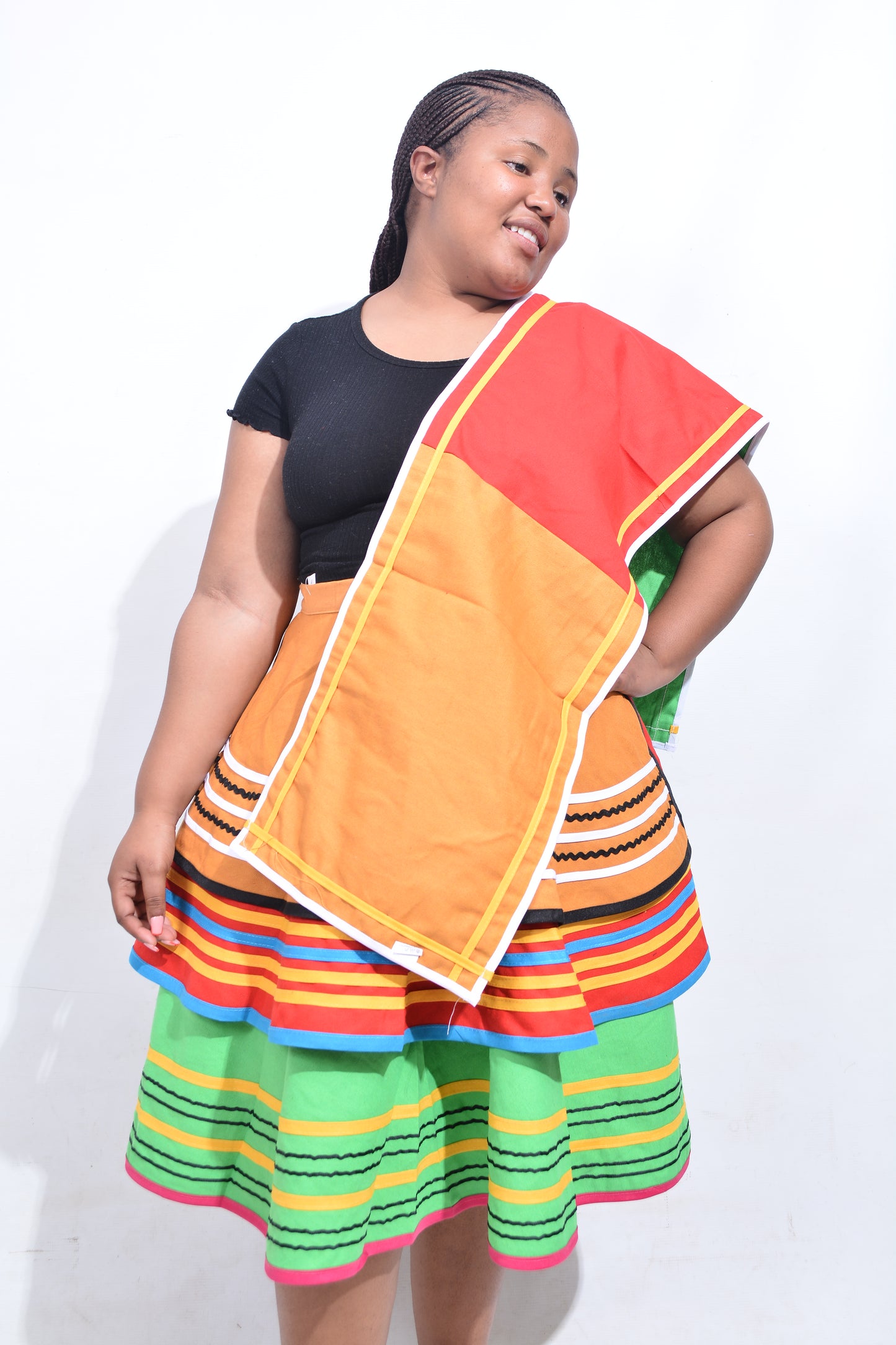 T8196 Traditional Venda 2 piece African Bright Green, Mustard, Red, White, Blue & Pink Outfit