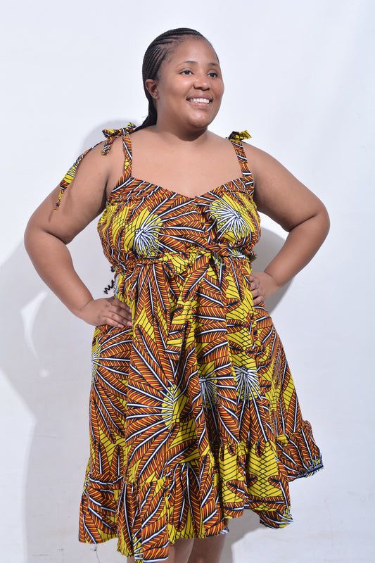 T8197 Traditional African Kente Fabric Yellow, Orange, White & Black Dress