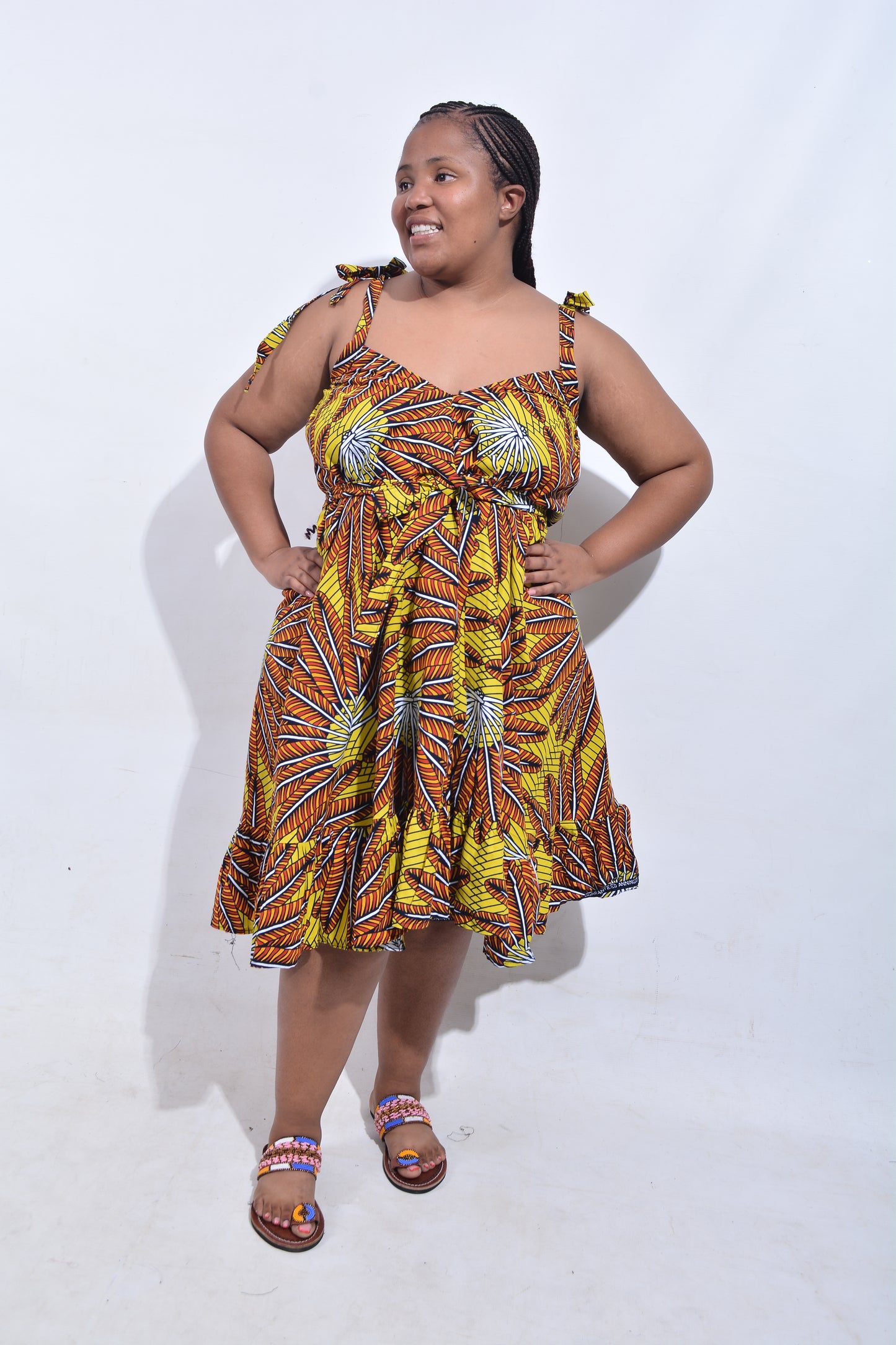 T8197 Traditional African Kente Fabric Yellow, Orange, White & Black Dress