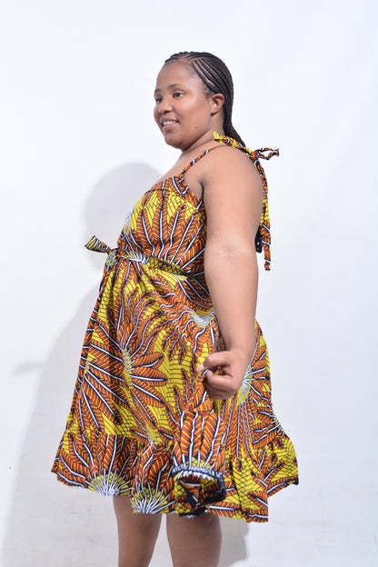 T8197 Traditional African Kente Fabric Yellow, Orange, White & Black Dress