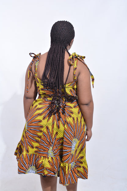 T8197 Traditional African Kente Fabric Yellow, Orange, White & Black Dress