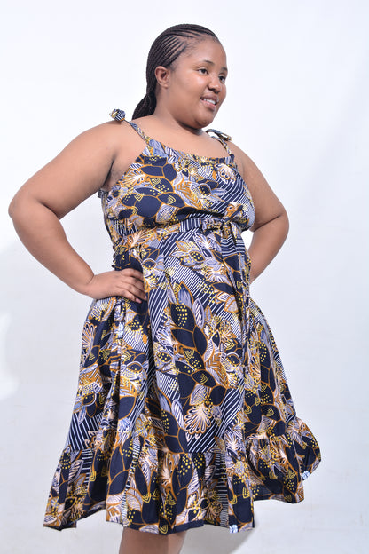 T8198 Traditional African Kente Fabric Navy, White, Mustard & Black Dress