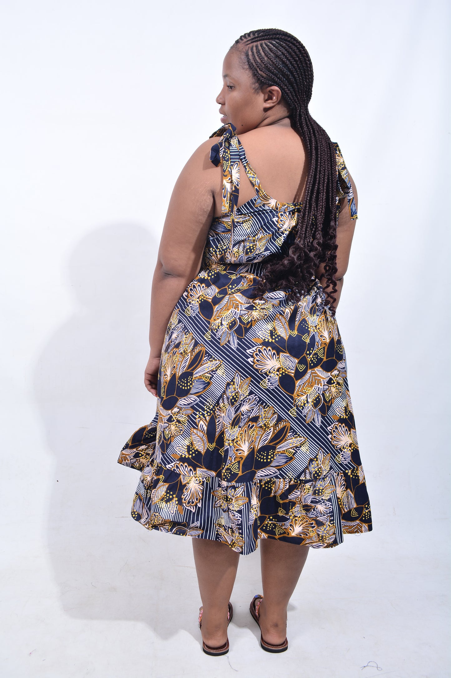 T8198 Traditional African Kente Fabric Navy, White, Mustard & Black Dress