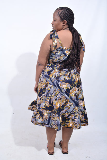 T8198 Traditional African Kente Fabric Navy, White, Mustard & Black Dress