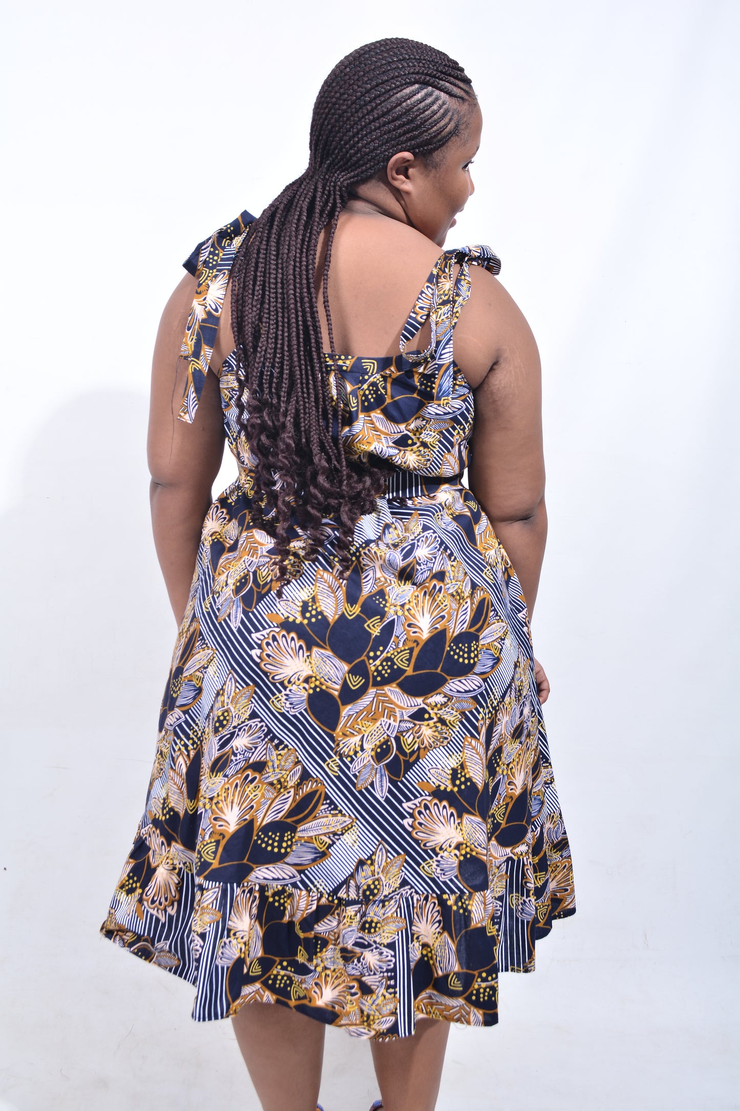 T8198 Traditional African Kente Fabric Navy, White, Mustard & Black Dress