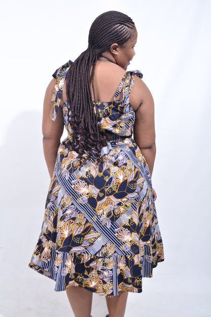 T8198 Traditional African Kente Fabric Navy, White, Mustard & Black Dress