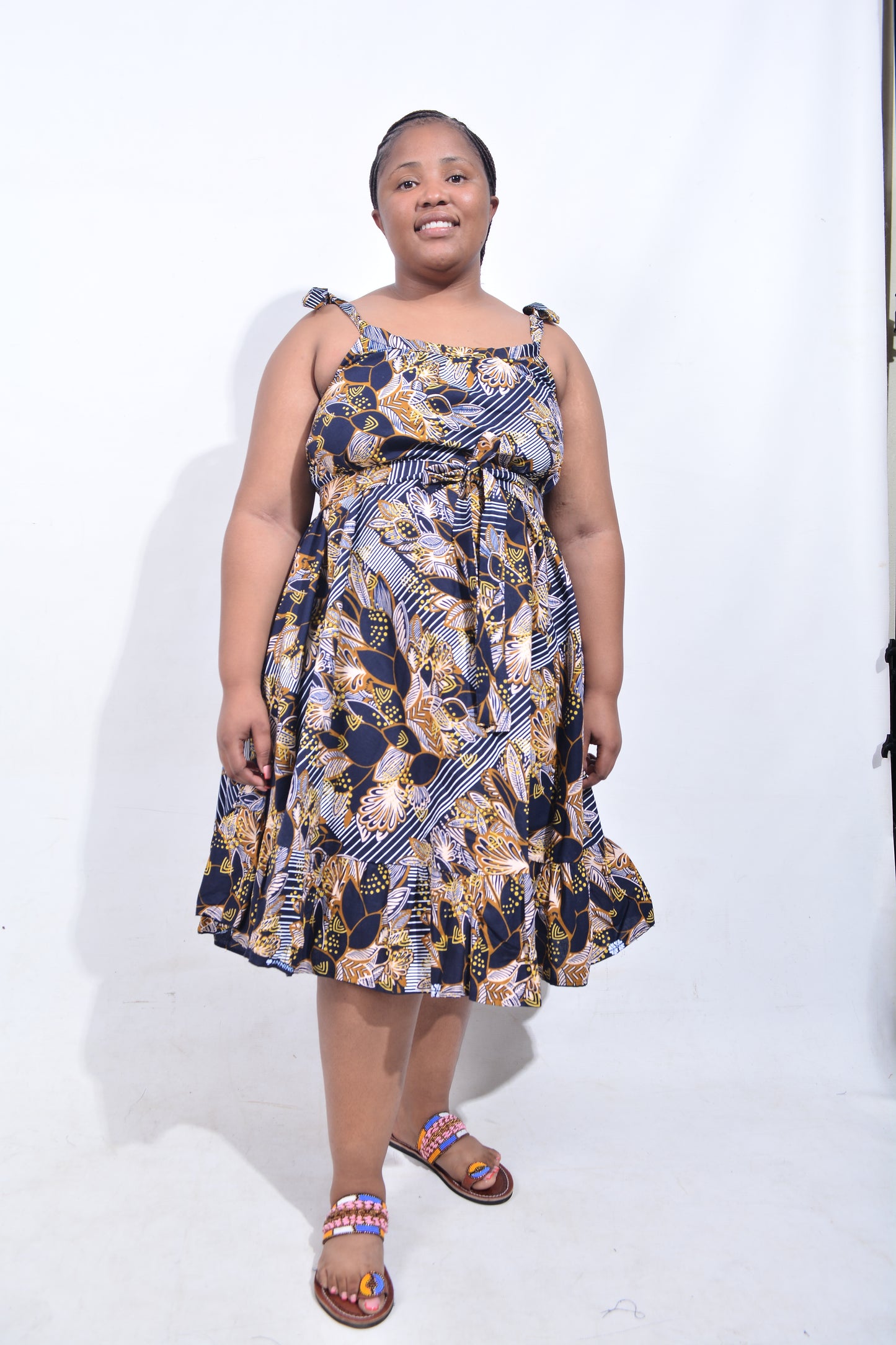 T8198 Traditional African Kente Fabric Navy, White, Mustard & Black Dress