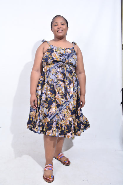 T8198 Traditional African Kente Fabric Navy, White, Mustard & Black Dress