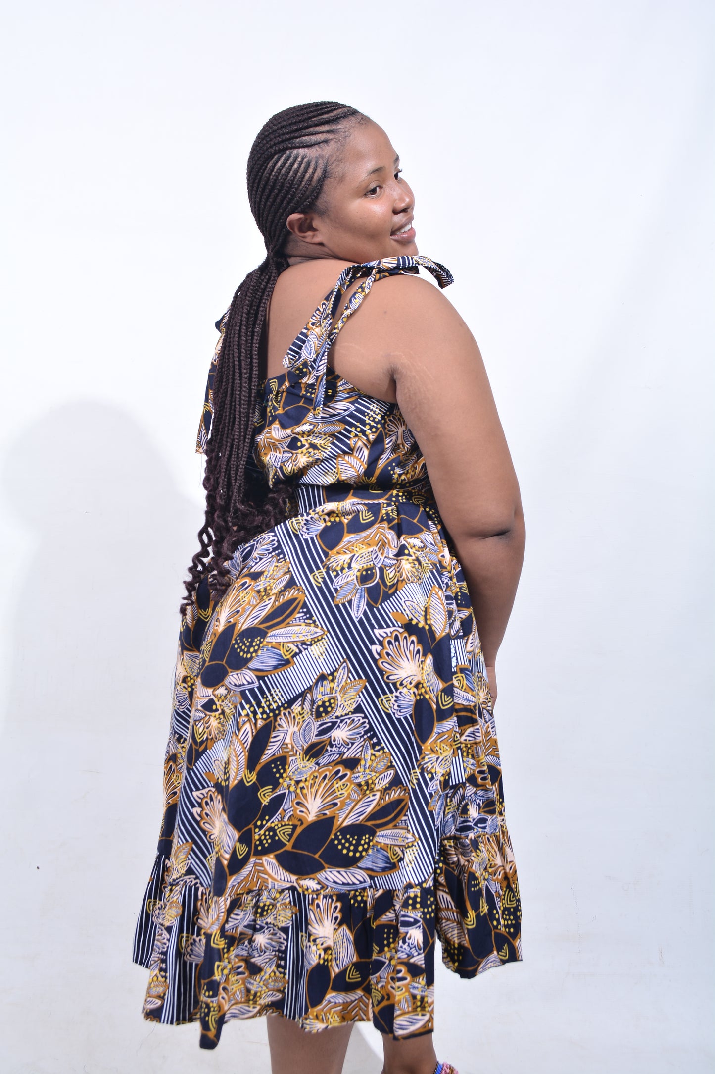 T8198 Traditional African Kente Fabric Navy, White, Mustard & Black Dress