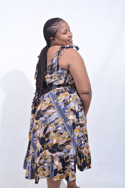 T8198 Traditional African Kente Fabric Navy, White, Mustard & Black Dress