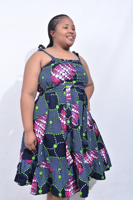 T8199 Traditional African Kente Fabric Navy, Green, Pink, Purple & White Dress