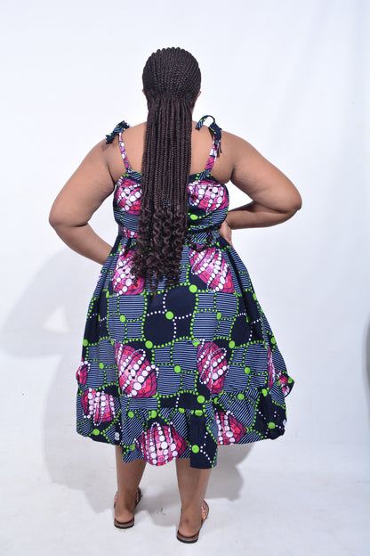T8199 Traditional African Kente Fabric Navy, Green, Pink, Purple & White Dress