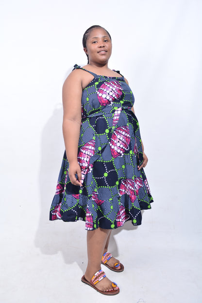 T8199 Traditional African Kente Fabric Navy, Green, Pink, Purple & White Dress