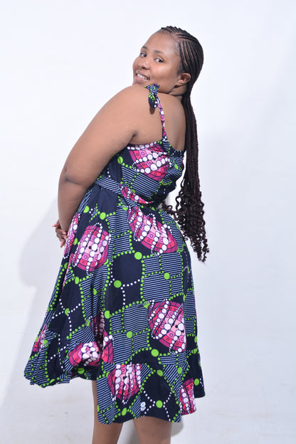 T8199 Traditional African Kente Fabric Navy, Green, Pink, Purple & White Dress