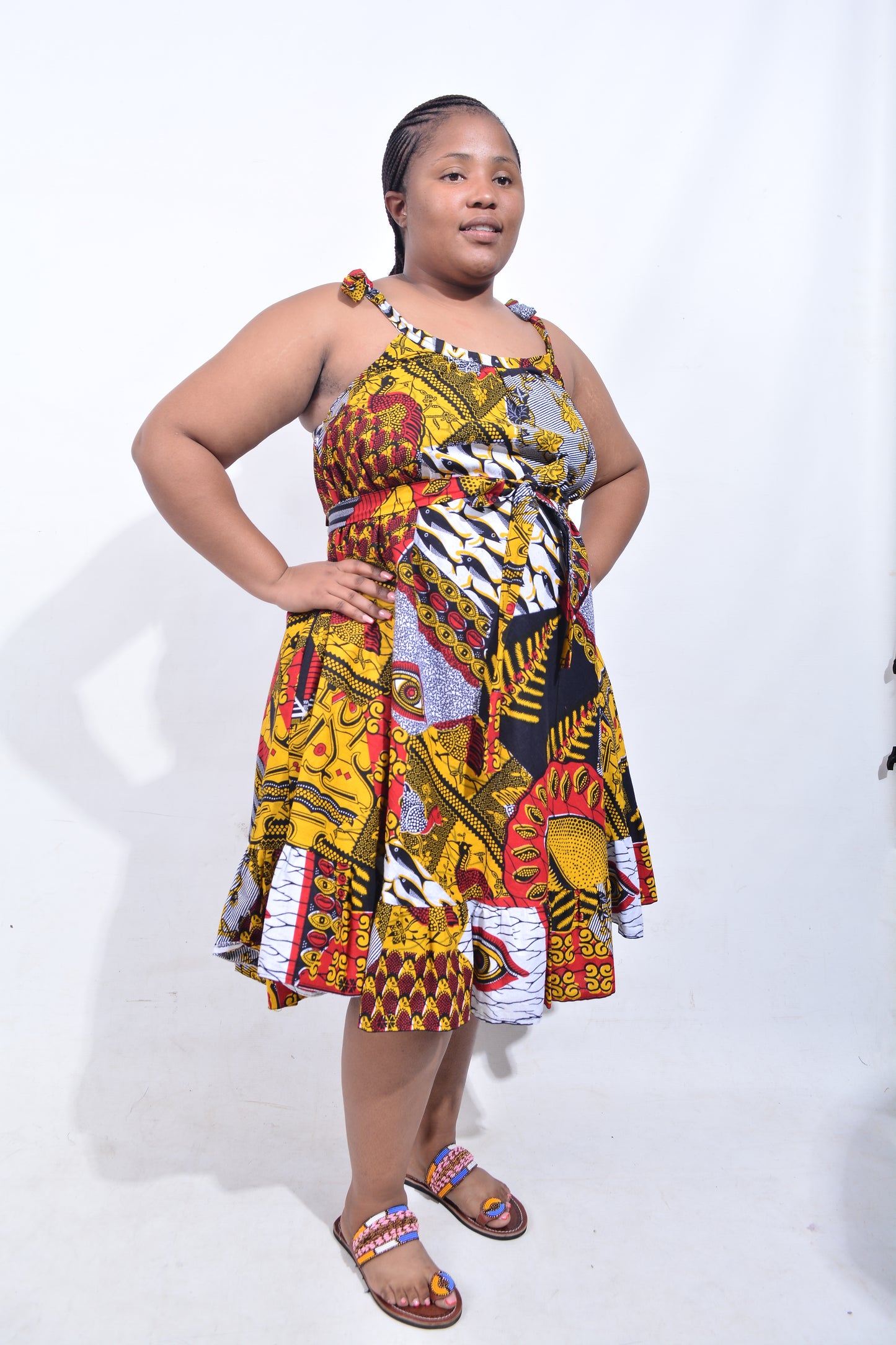 T8200 Traditional African Kente Fabric Navy, Mustard, White & Black Dress
