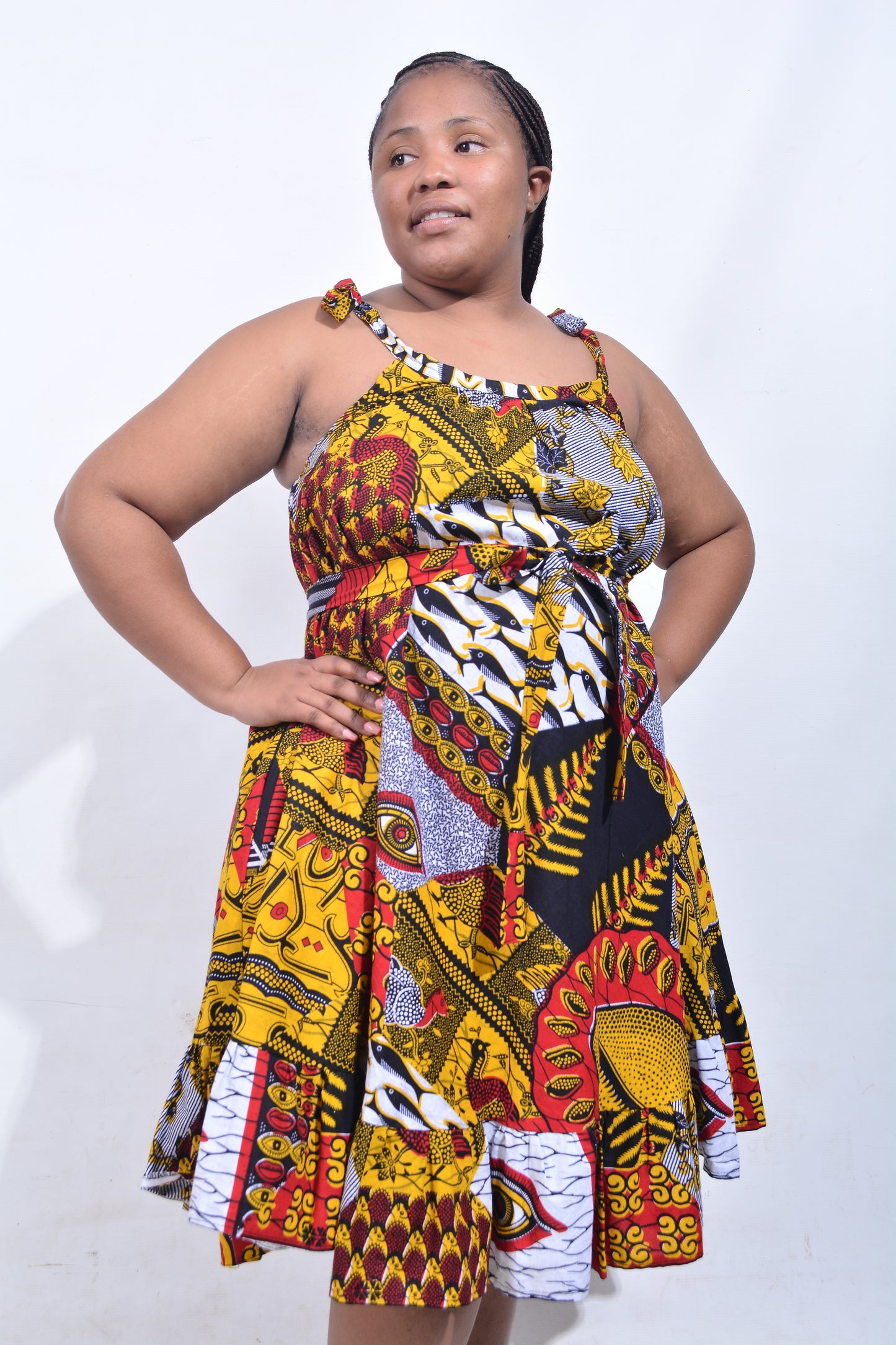 T8200 Traditional African Kente Fabric Navy, Mustard, White & Black Dress