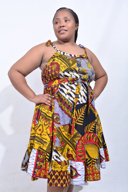T8200 Traditional African Kente Fabric Navy, Mustard, White & Black Dress