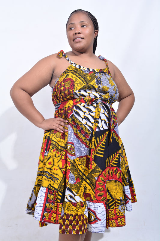 T8200 Traditional African Kente Fabric Navy, Mustard, White & Black Dress
