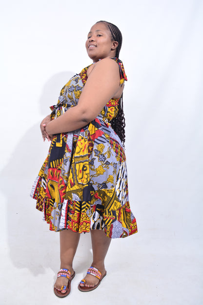 T8200 Traditional African Kente Fabric Navy, Mustard, White & Black Dress