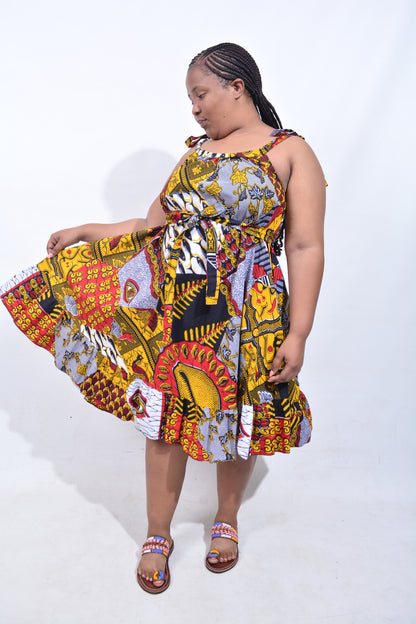 T8200 Traditional African Kente Fabric Navy, Mustard, White & Black Dress