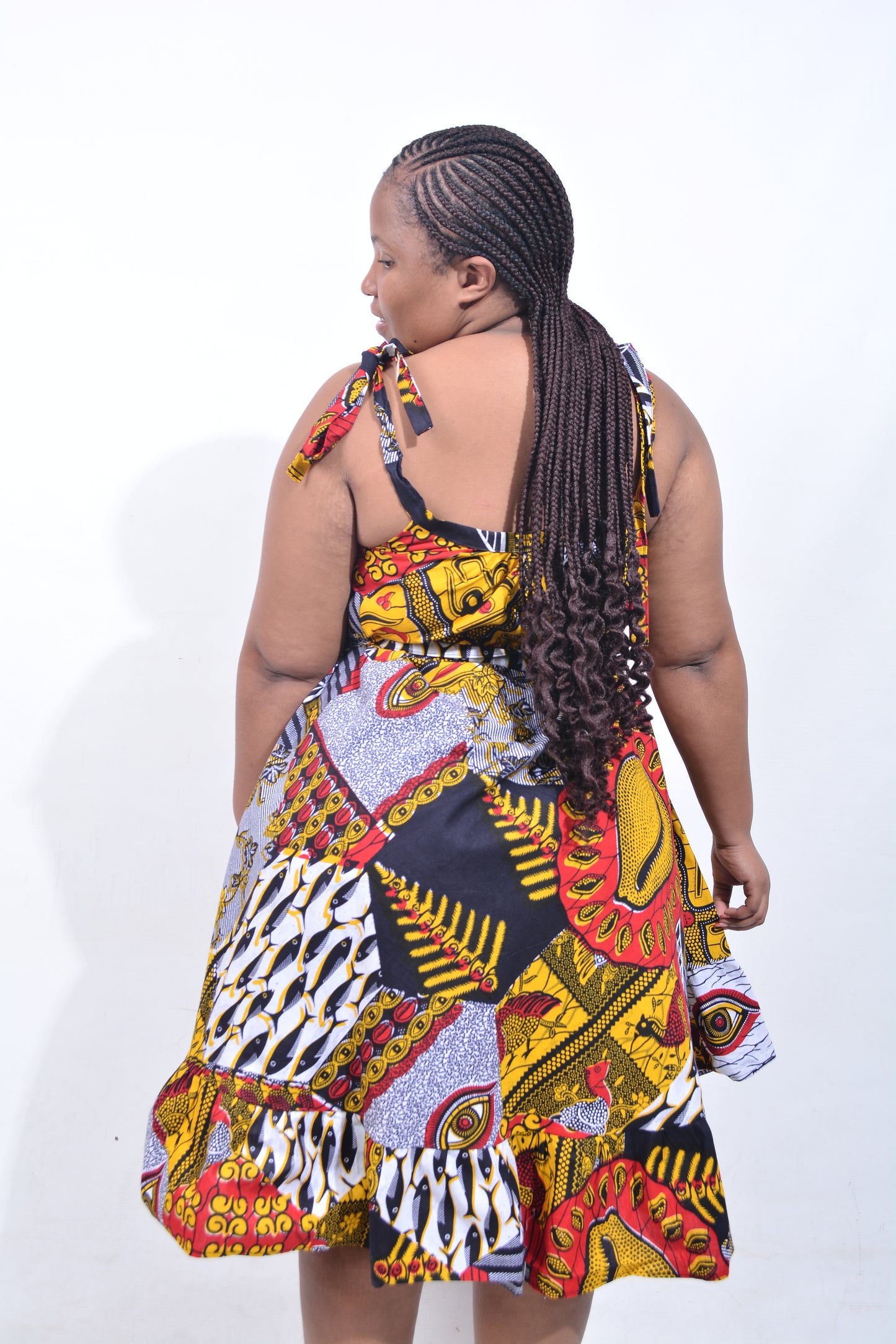 T8200 Traditional African Kente Fabric Navy, Mustard, White & Black Dress
