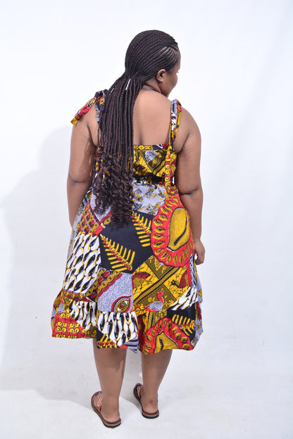 T8200 Traditional African Kente Fabric Navy, Mustard, White & Black Dress