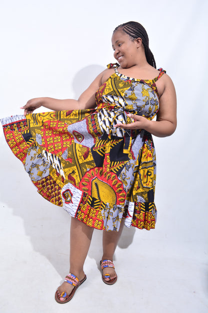 T8200 Traditional African Kente Fabric Navy, Mustard, White & Black Dress