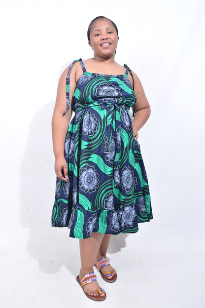 T8201 Traditional African Kente Fabric Navy, Green, Grey & Black Dress