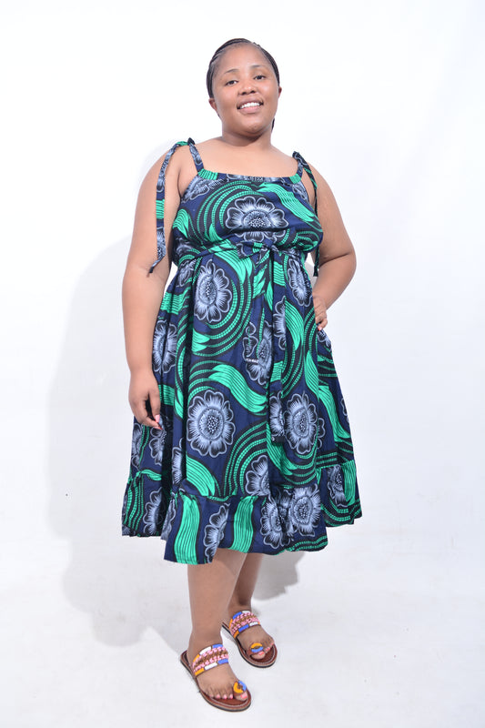 T8201 Traditional African Kente Fabric Navy, Green, Grey & Black Dress