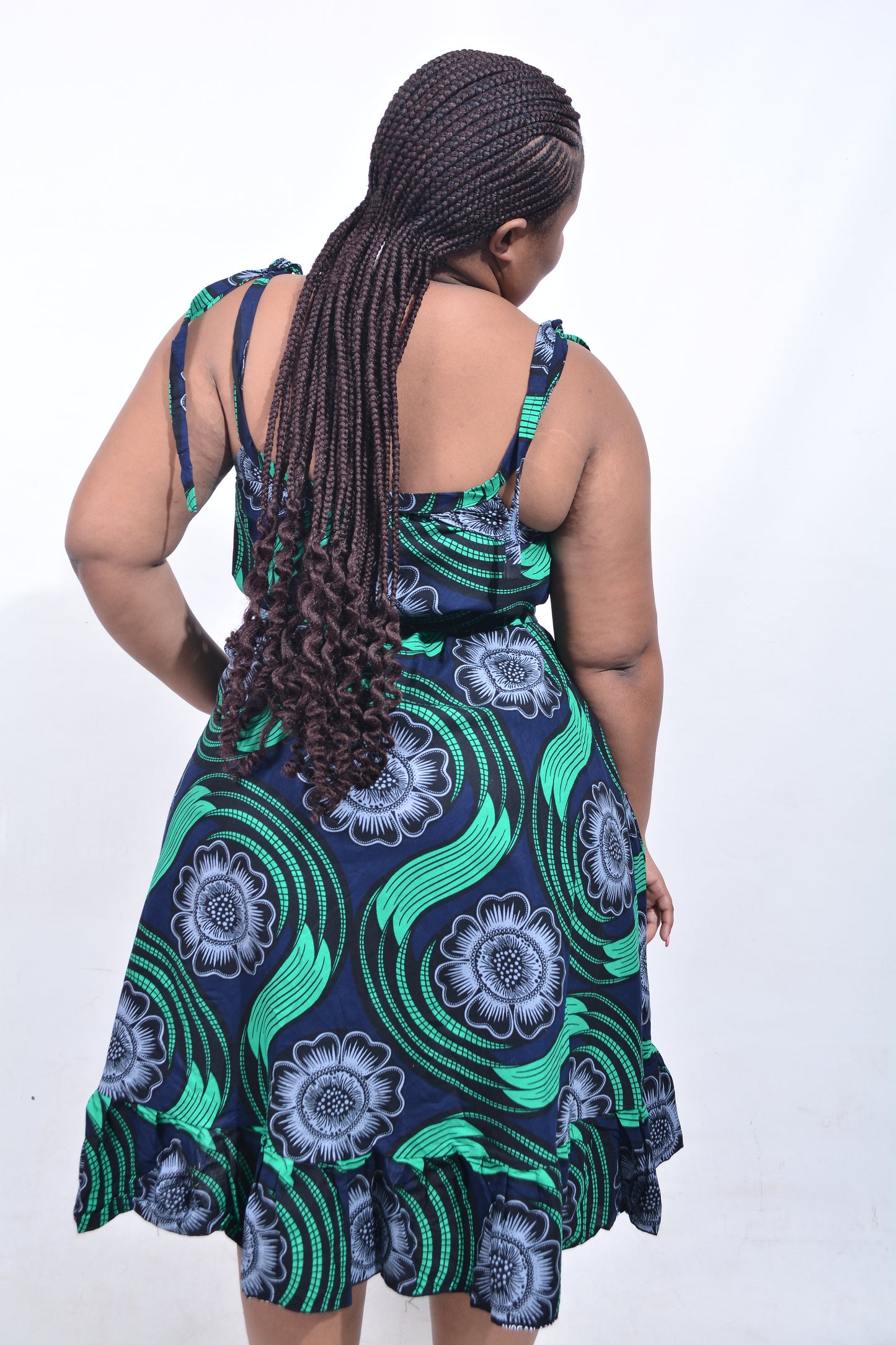 T8201 Traditional African Kente Fabric Navy, Green, Grey & Black Dress