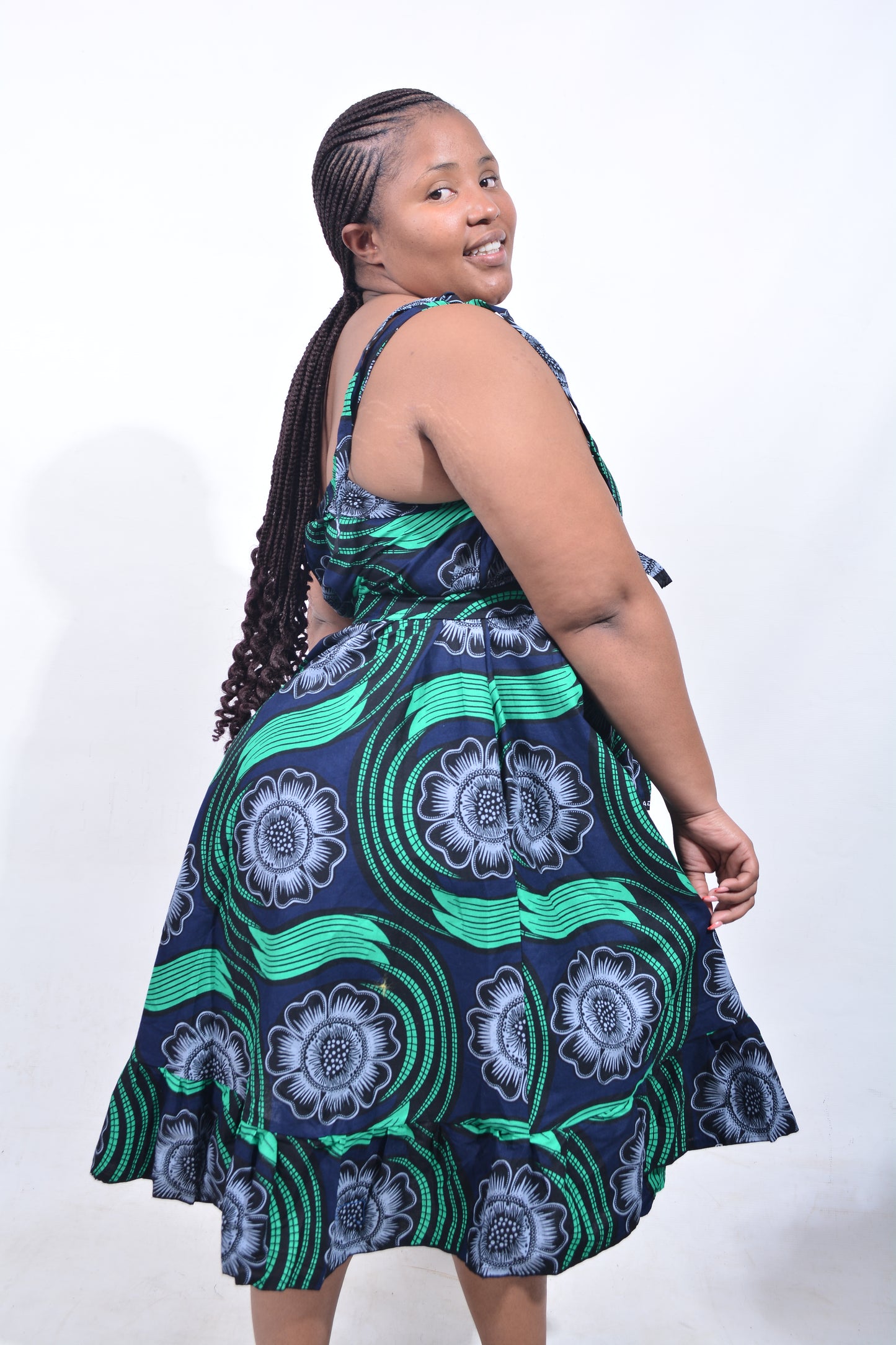 T8201 Traditional African Kente Fabric Navy, Green, Grey & Black Dress