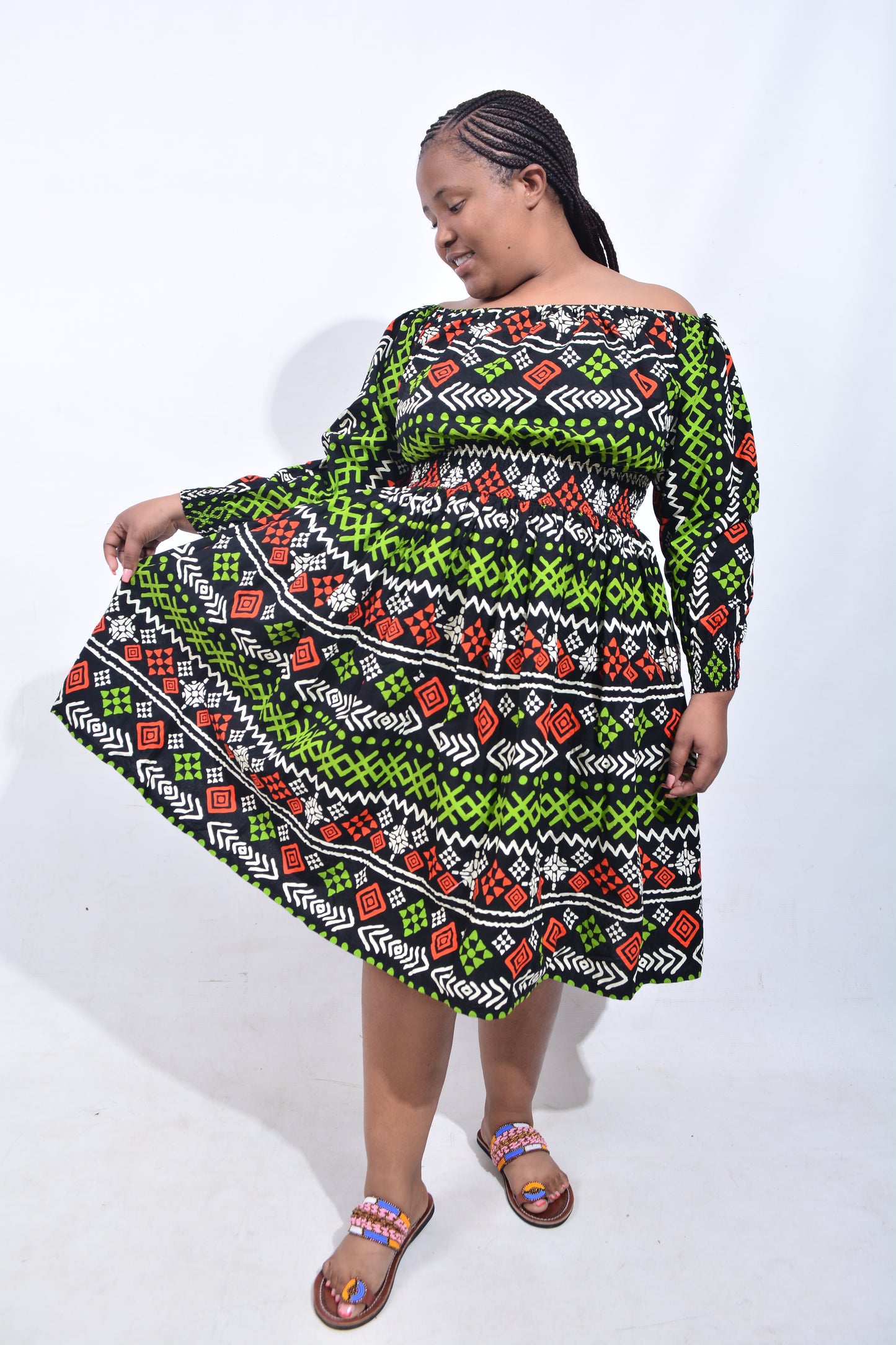 T8202 Traditional African Kente Fabric Green, Red, Cream & Black Dress