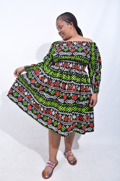 T8202 Traditional African Kente Fabric Green, Red, Cream & Black Dress